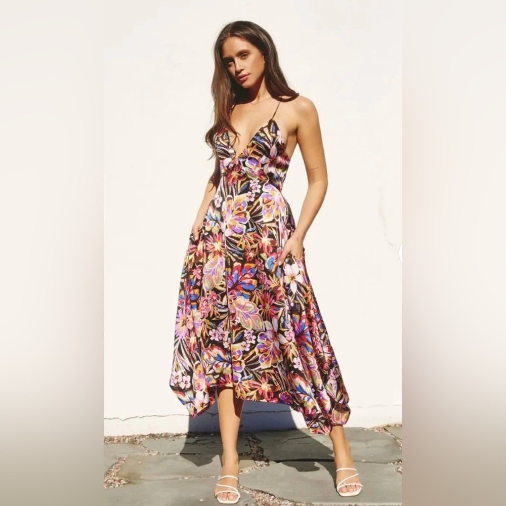 Vici Collection‎ Satin Floral Midi Dress Open Back Strappy Summer M